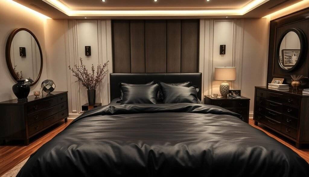 bedroom decor with black satin bed set