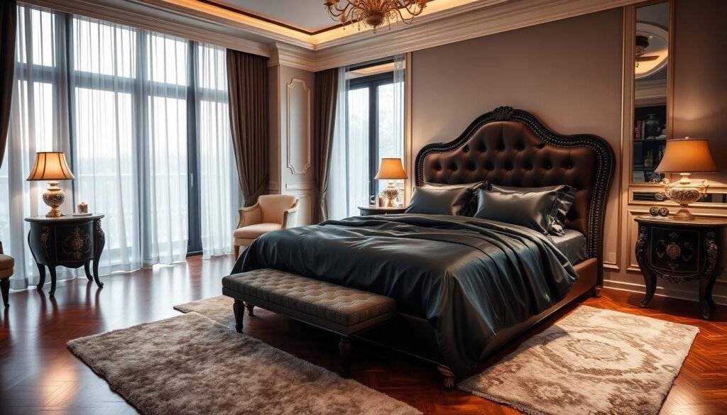 bedroom styling black silk sheets